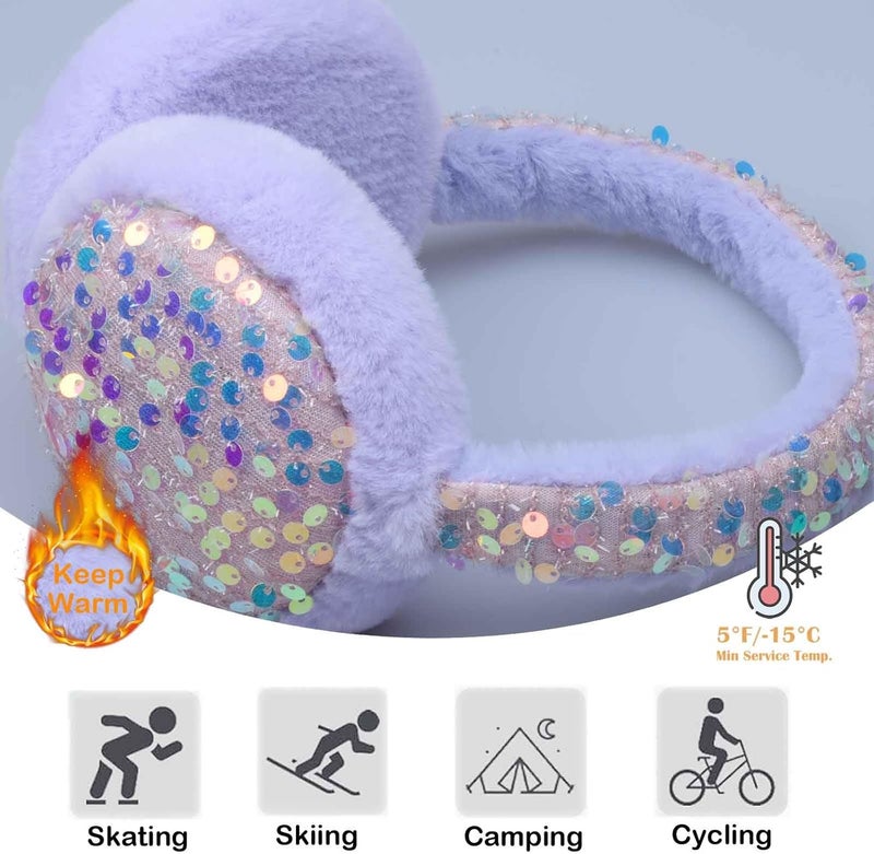 FYBW Ear Muffs Gloves Set for Kids, Winter Adjustable Sequins Warm Earmuffs for Kids Outdoor Cold Weather - Image 2